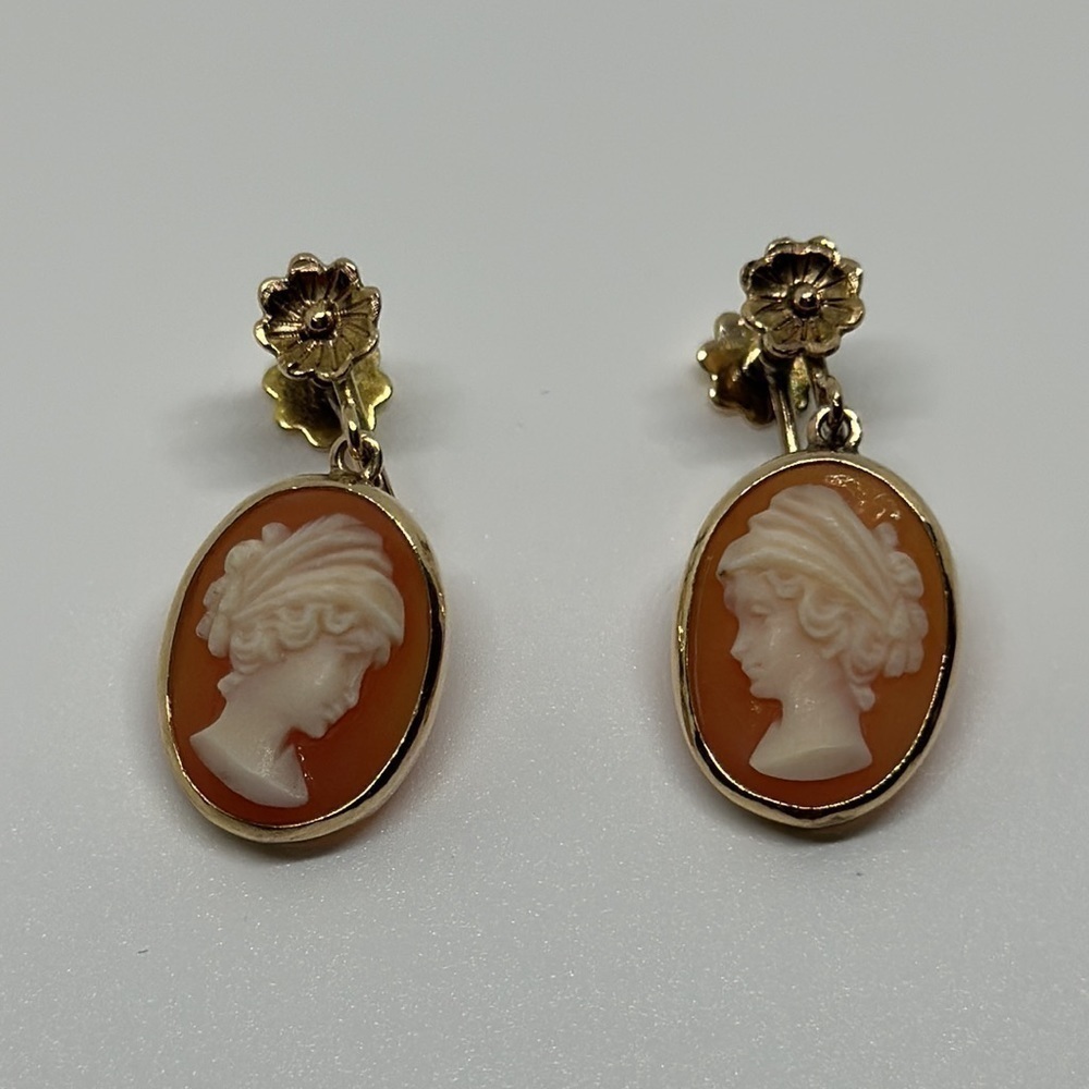 VINTAGE 14K real solid gold camafeo earrings - Picture 15 of 16